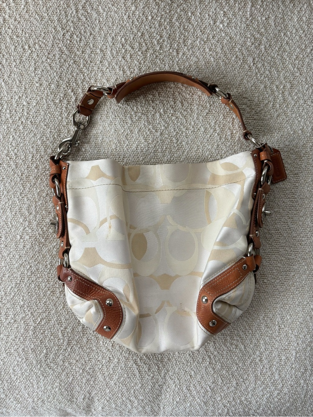 Coach Signature Ivory Cream Hobo Shoulder Bag Tan Leather Y2K Logo Purse